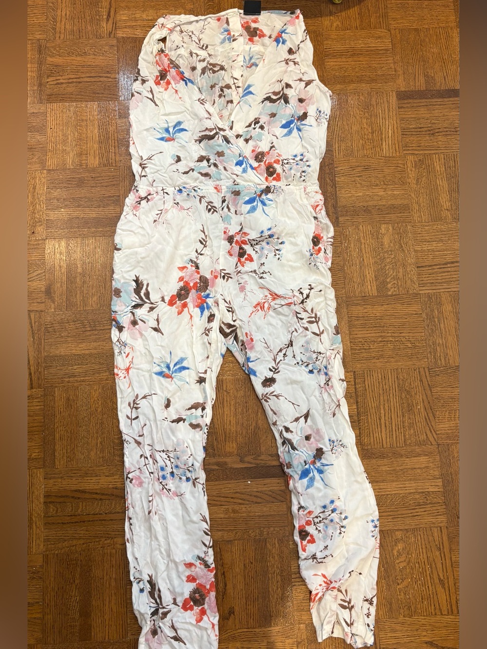 VILA Cream Floral Wrap Jumpsuit with Blue & Coral Accents